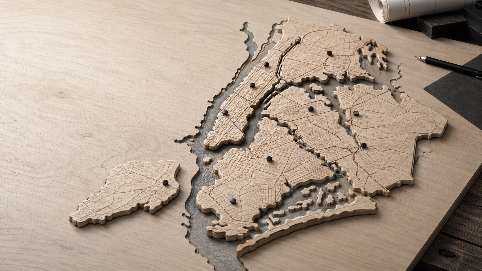 Wooden relief map of the New York City service area