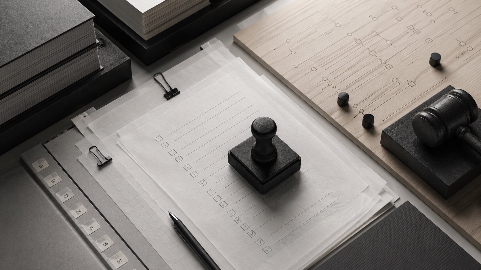 Compliance documentation and audit materials on a workbench